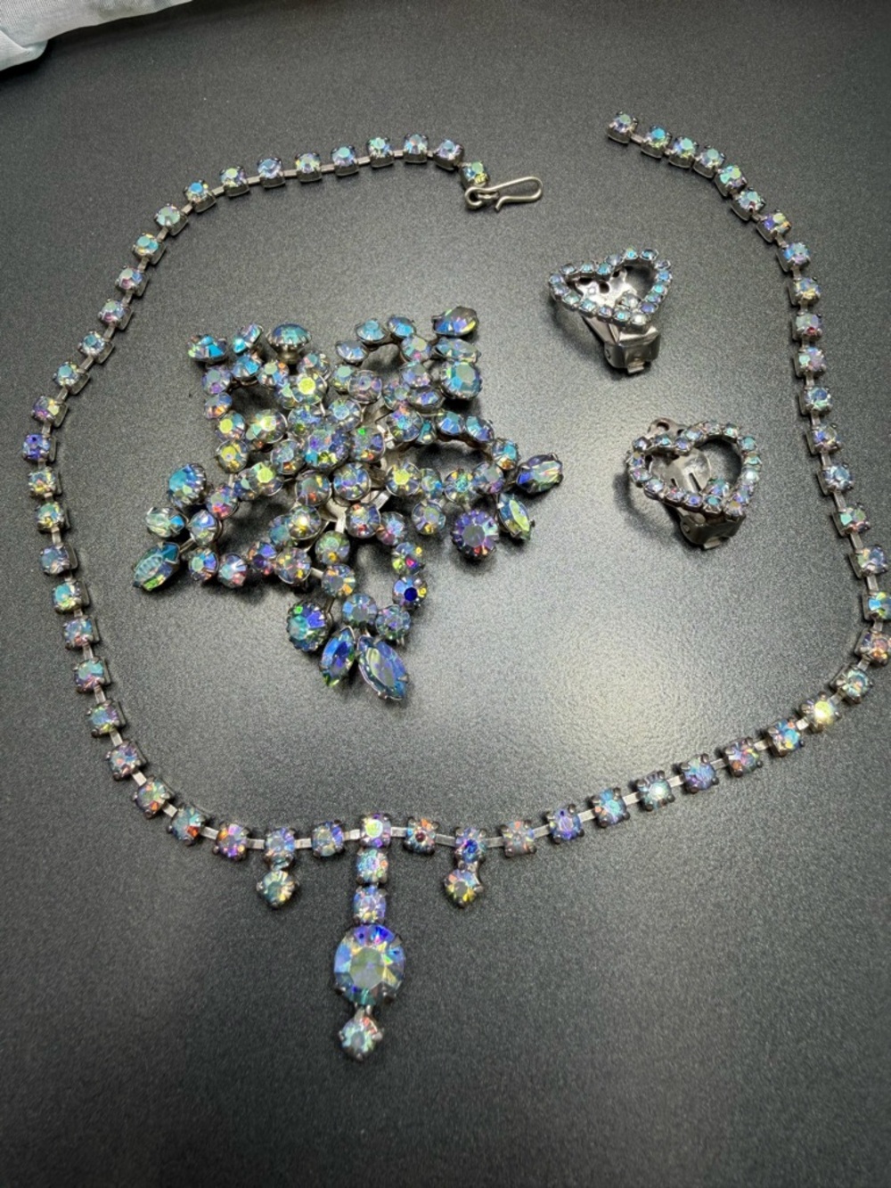 🔥🔥🔥Vintage Blue Aurora Borealis Crystal Brooch Necklace and Earring Set #16SET